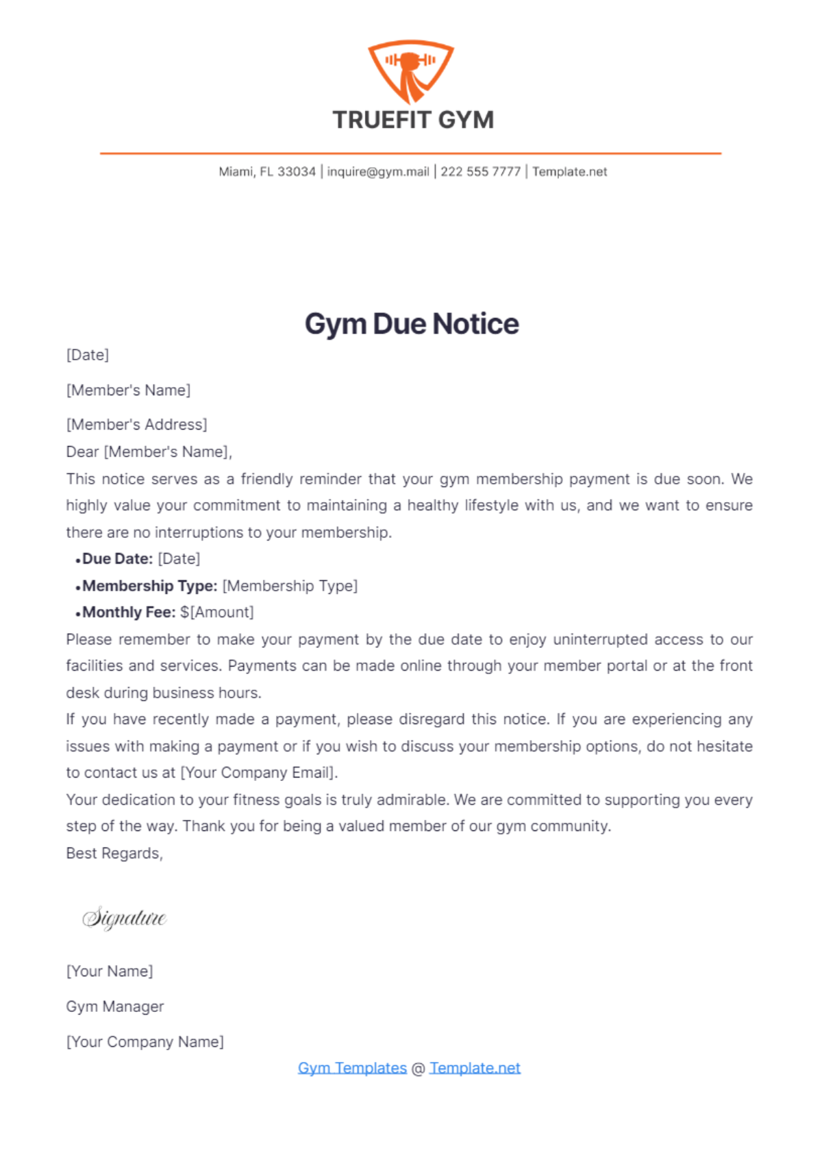 Gym Due Notice Template - Edit Online & Download