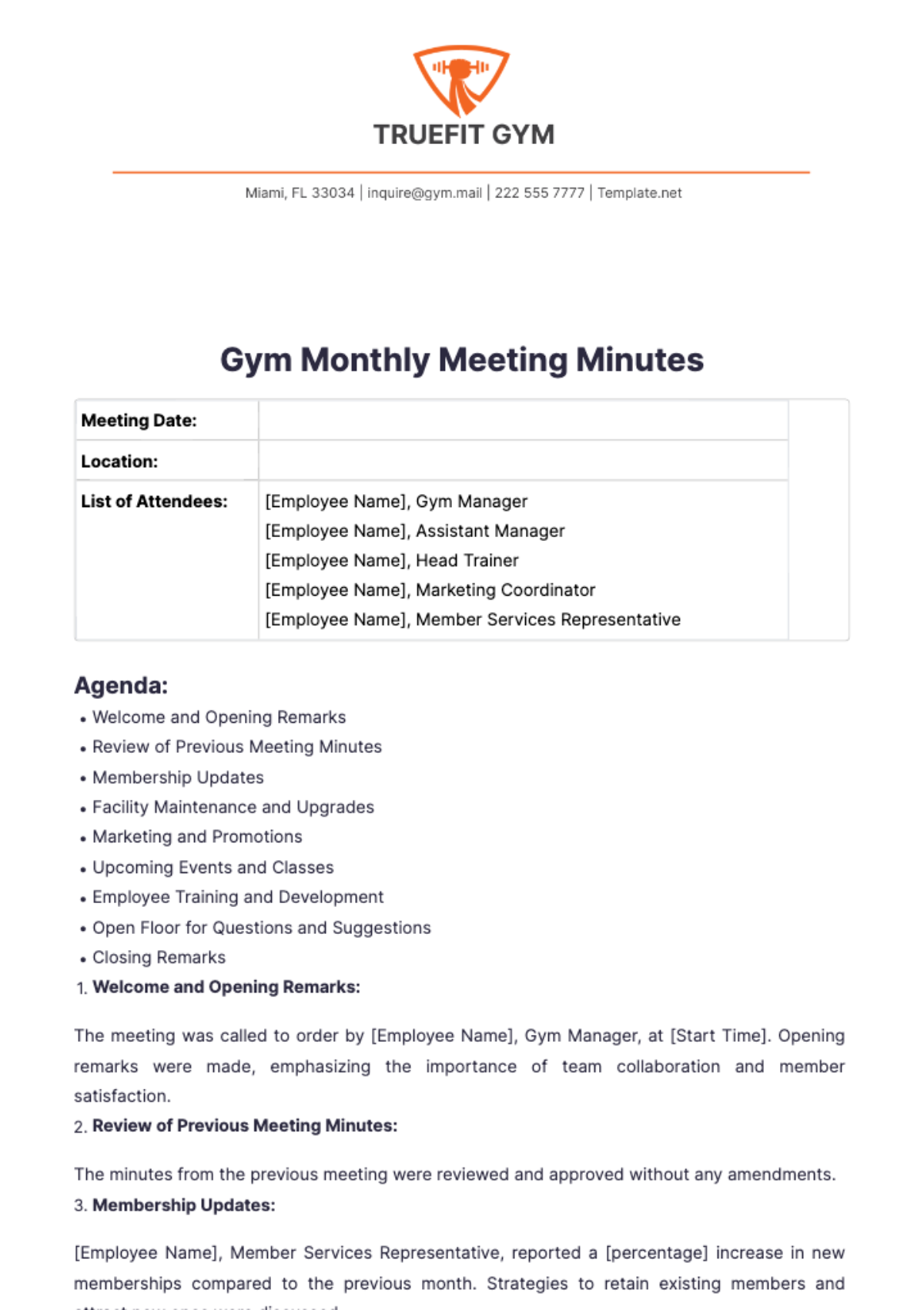 Gym Monthly Meeting Minutes Template - Edit Online & Download