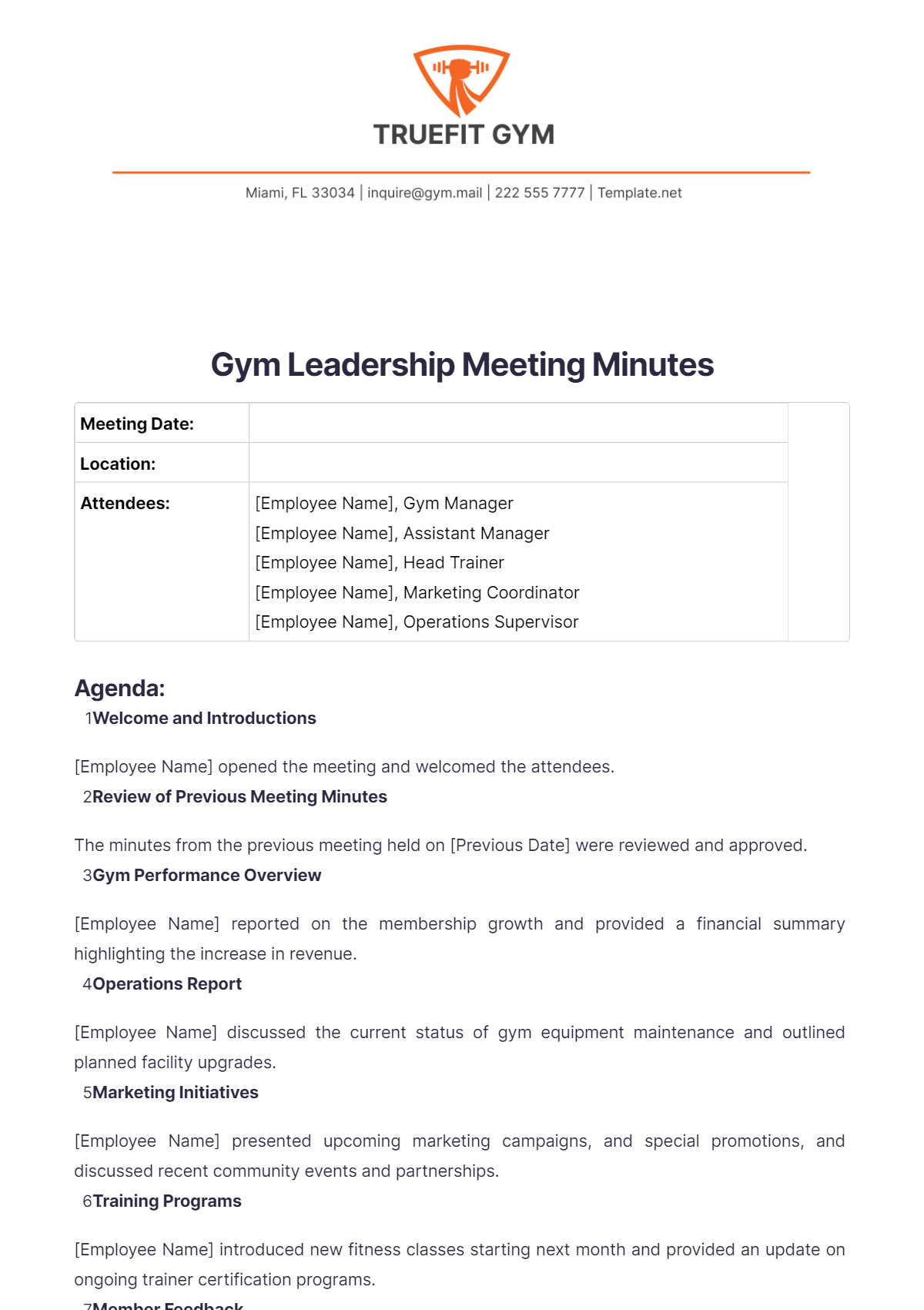 Gym Leadership Meeting Minutes Template - Edit Online & Download