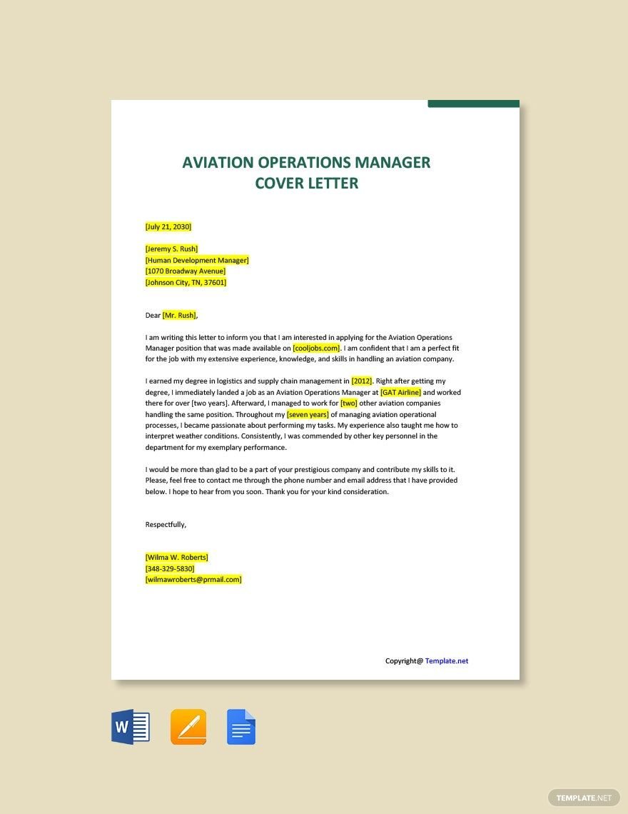 Aviation Operations Manager Cover Letter