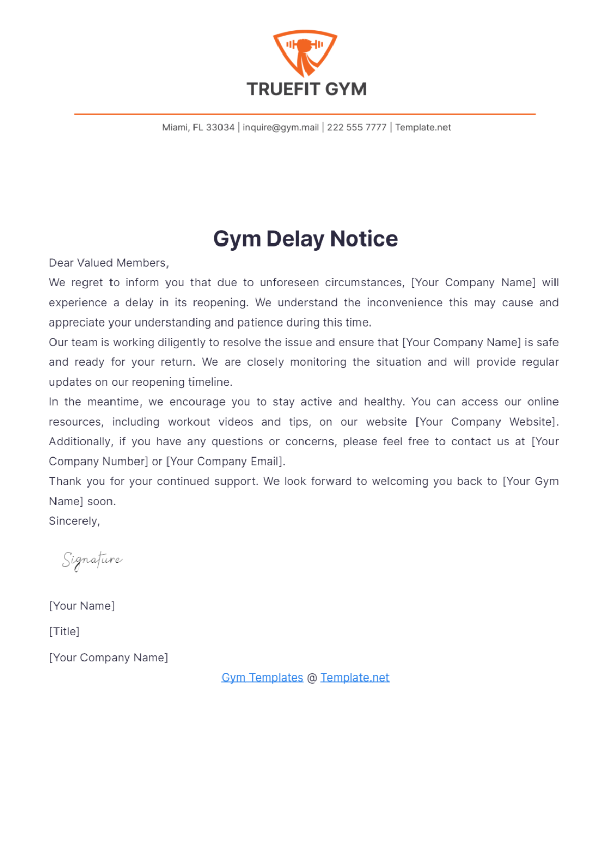 Gym Delay Notice Template - Edit Online & Download