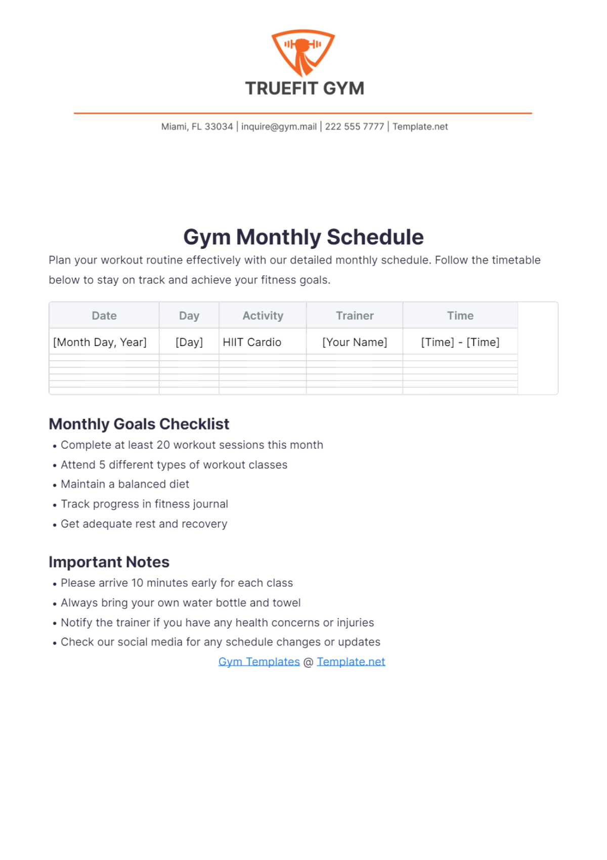 Gym Monthly Schedule Template - Edit Online & Download