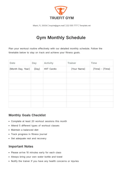 Free Gym Monthly Schedule Template to Edit Online