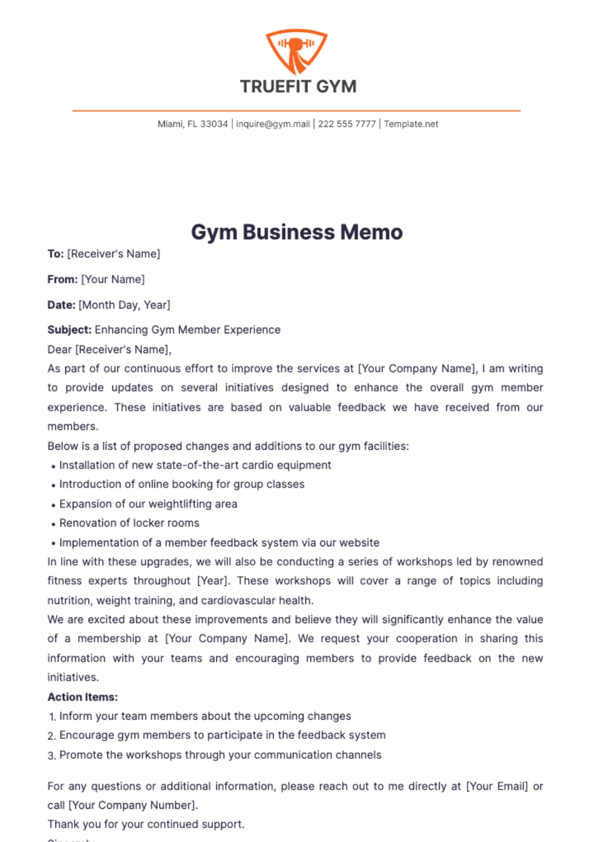 Gym Business Memo Template - Edit Online & Download