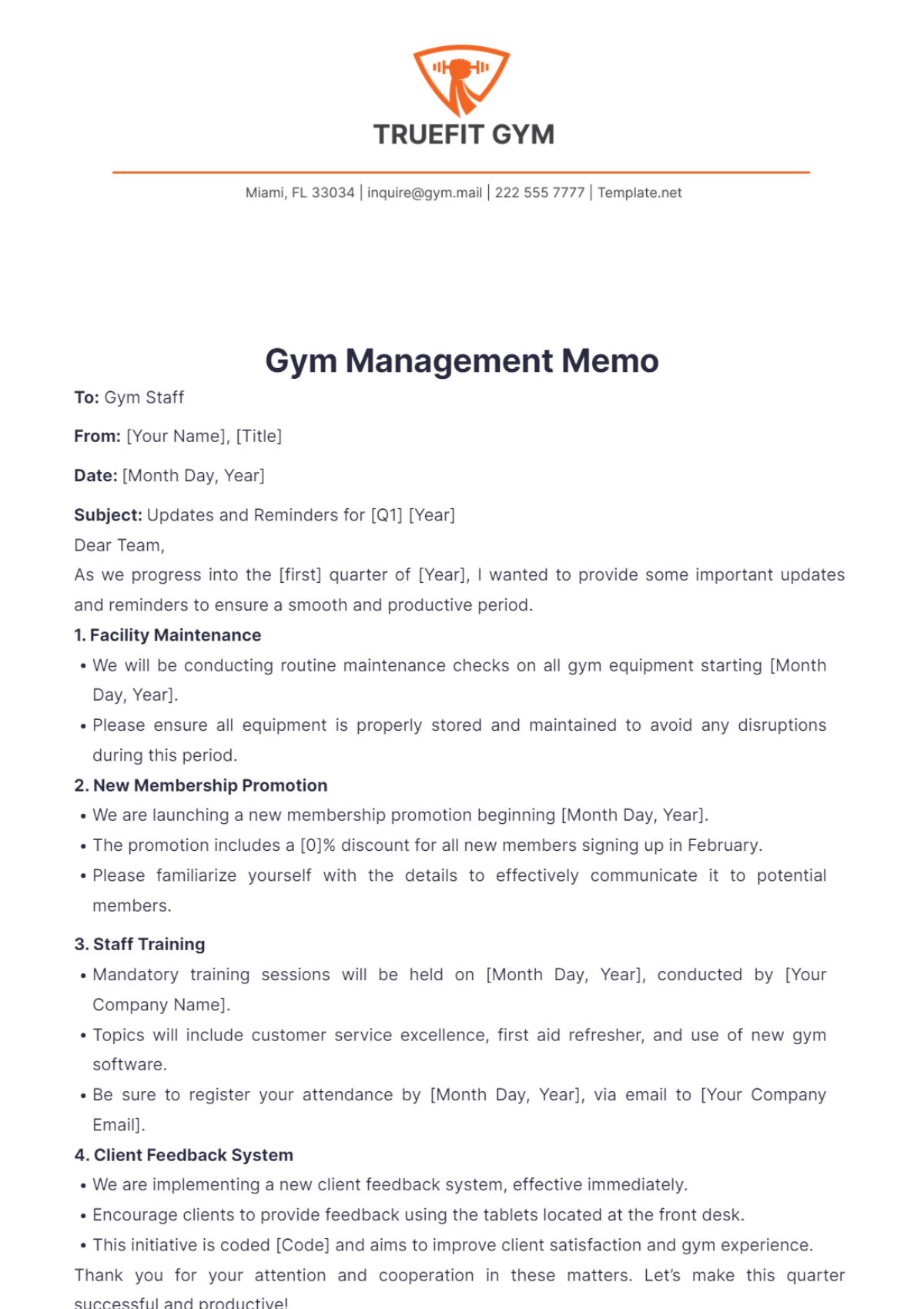 Gym Management Memo Template - Edit Online & Download