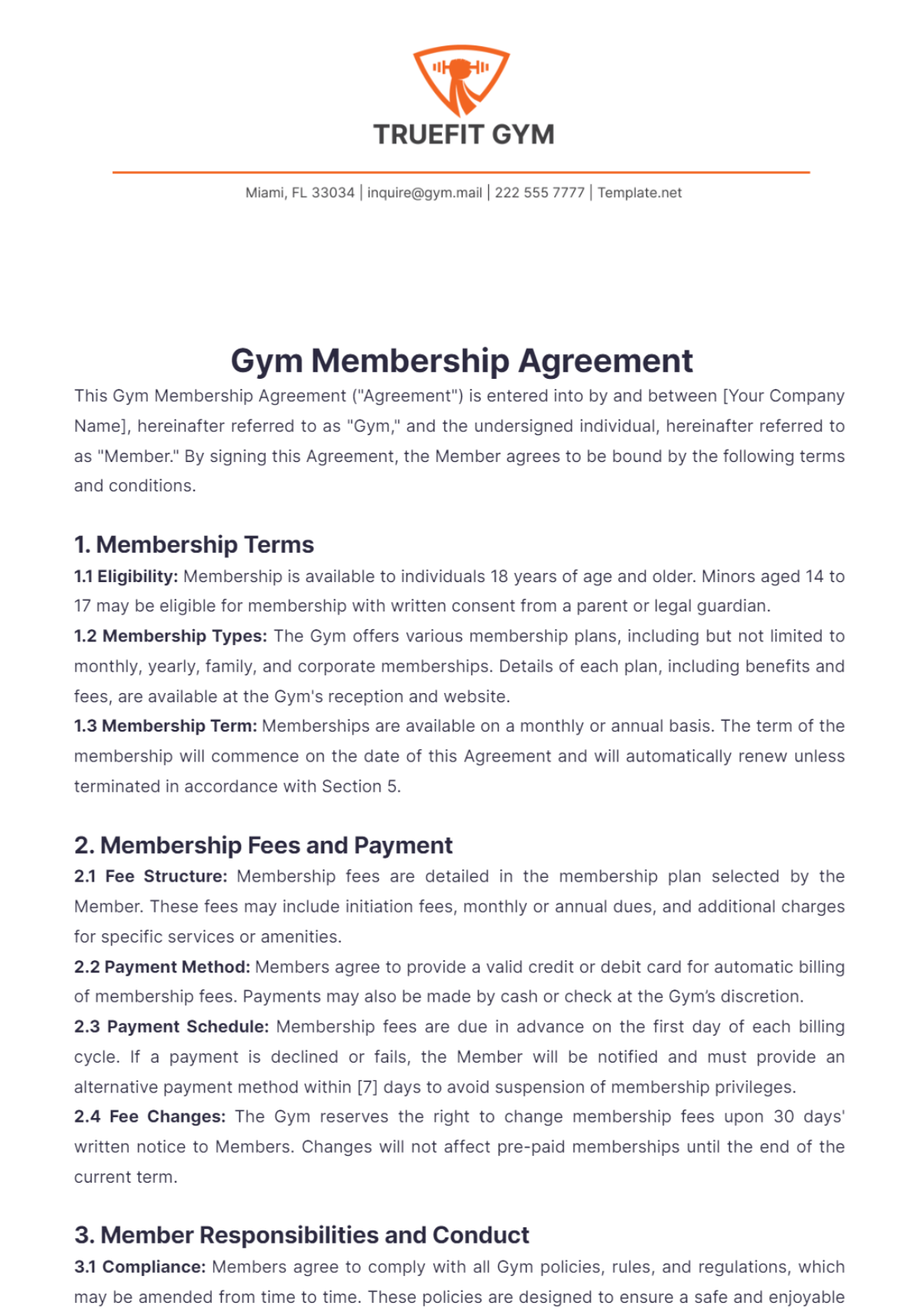 Gym Membership Agreement Template - Edit Online & Download