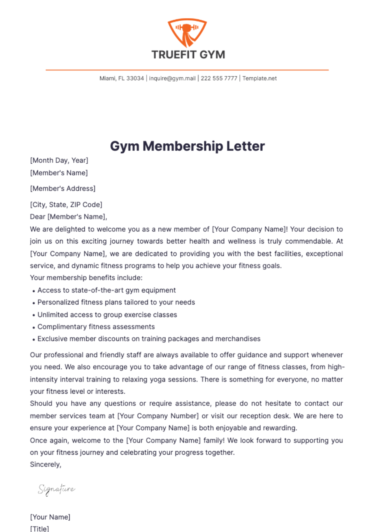 Gym Membership Letter Template