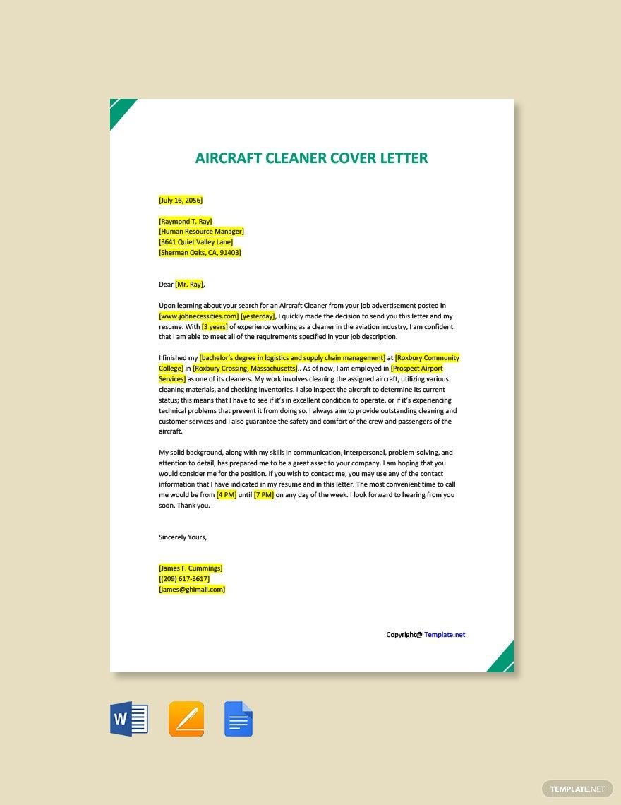 Free Aircraft Cleaner Cover Letter Template