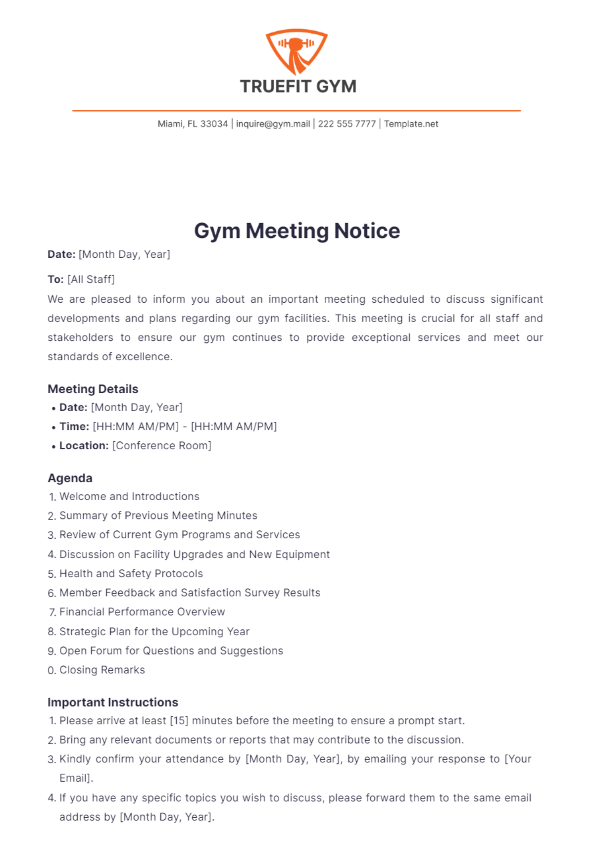 Gym Meeting Notice Template - Edit Online & Download