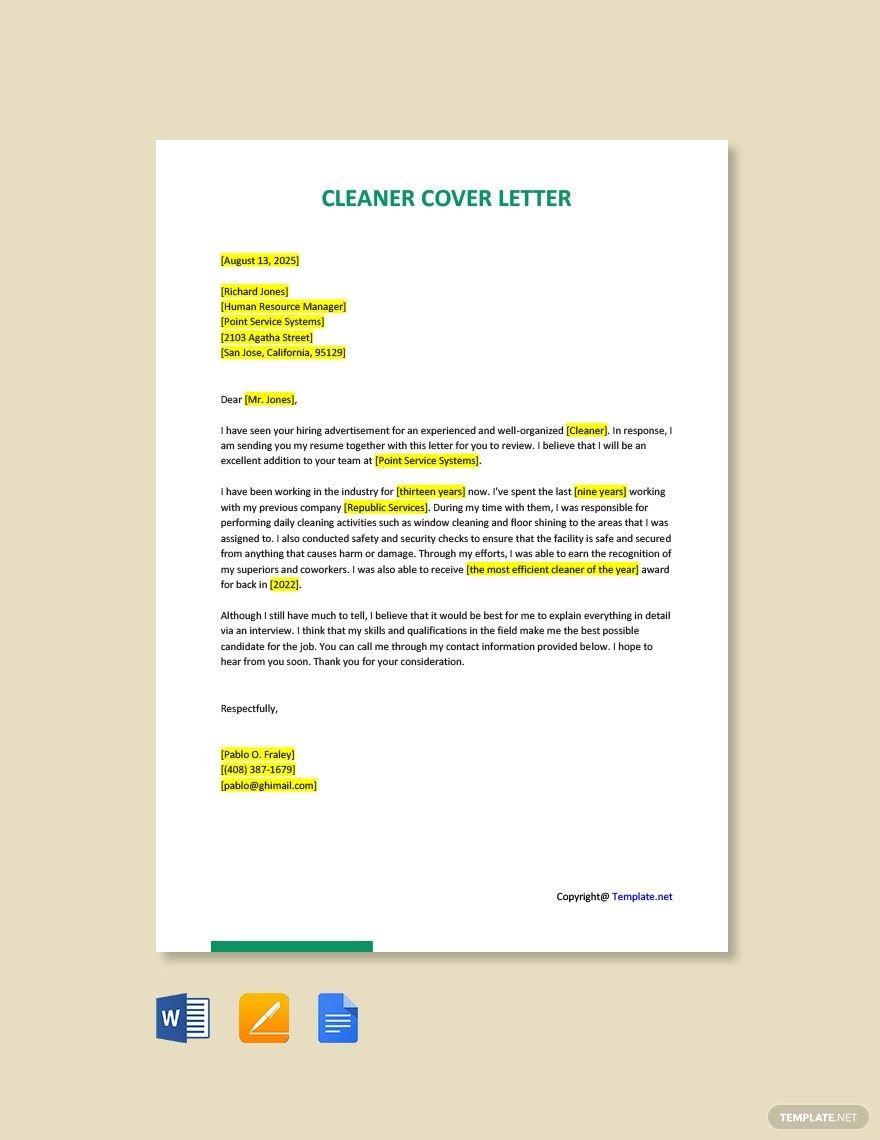 sample cover letter for cleaner job with no experience
