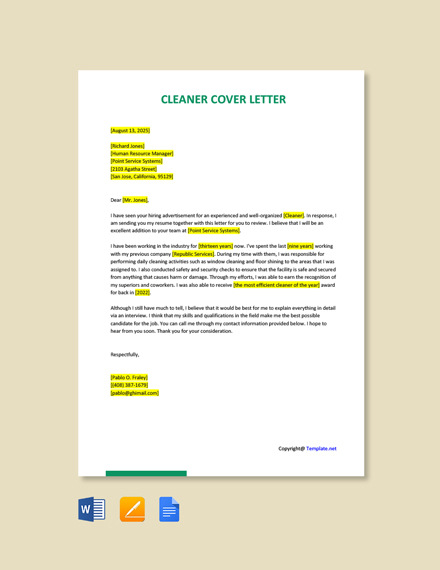 sample of application letter for cleaner