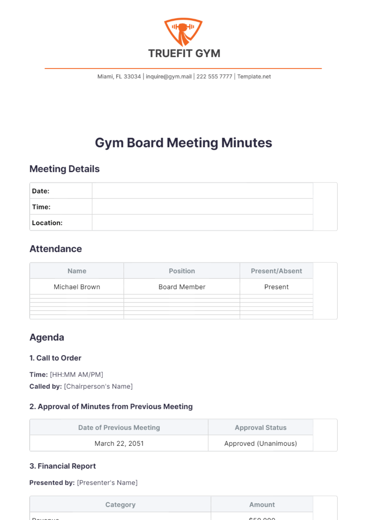 Gym Board Meeting Minutes Template - Edit Online & Download