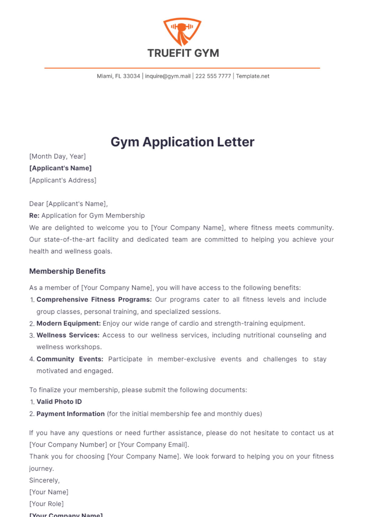 Gym Application Letter Template