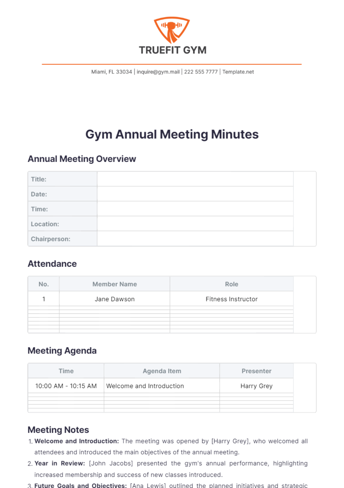 Gym Annual Meeting Minutes Template - Edit Online & Download