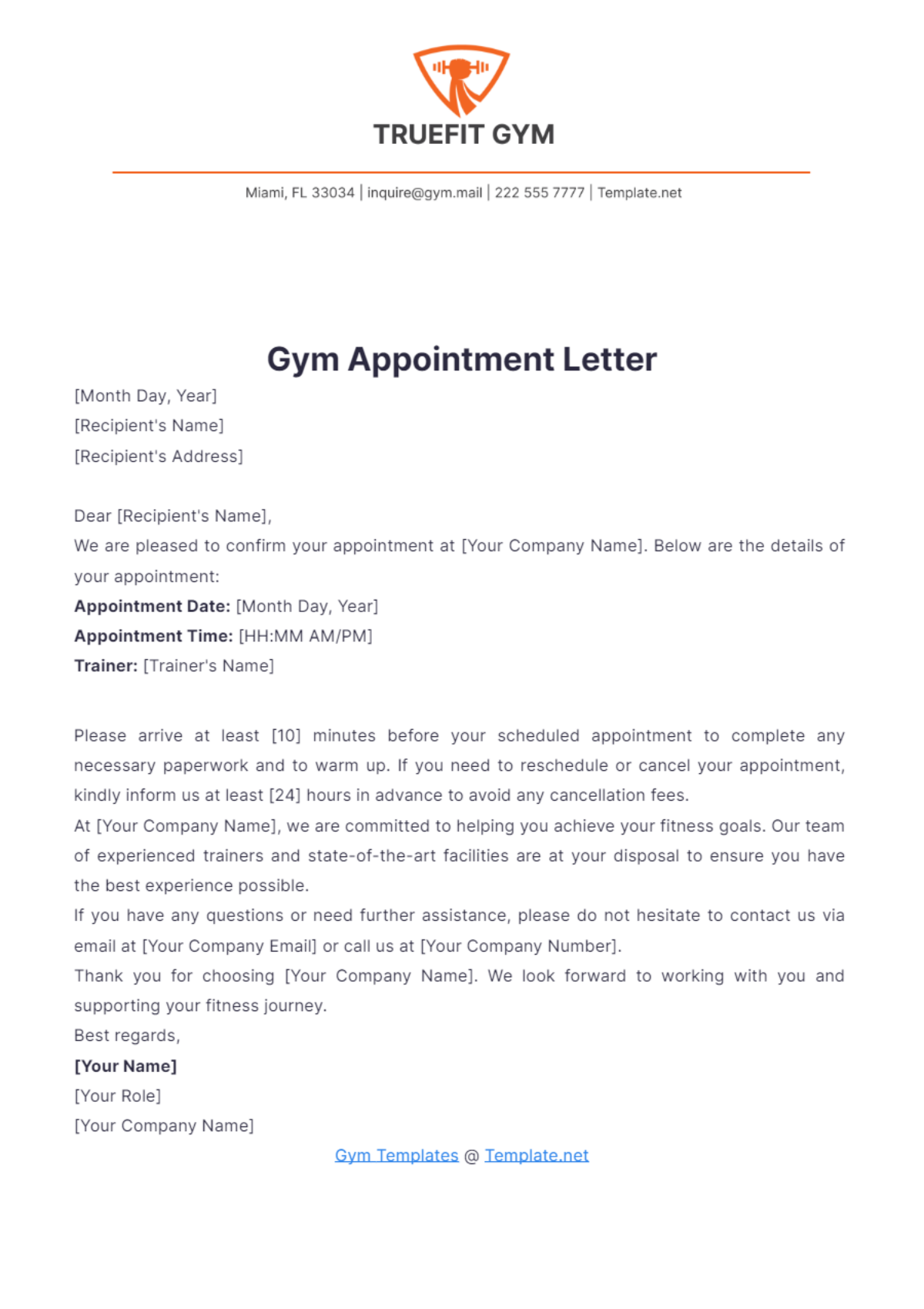 Gym Appointment Letter Template