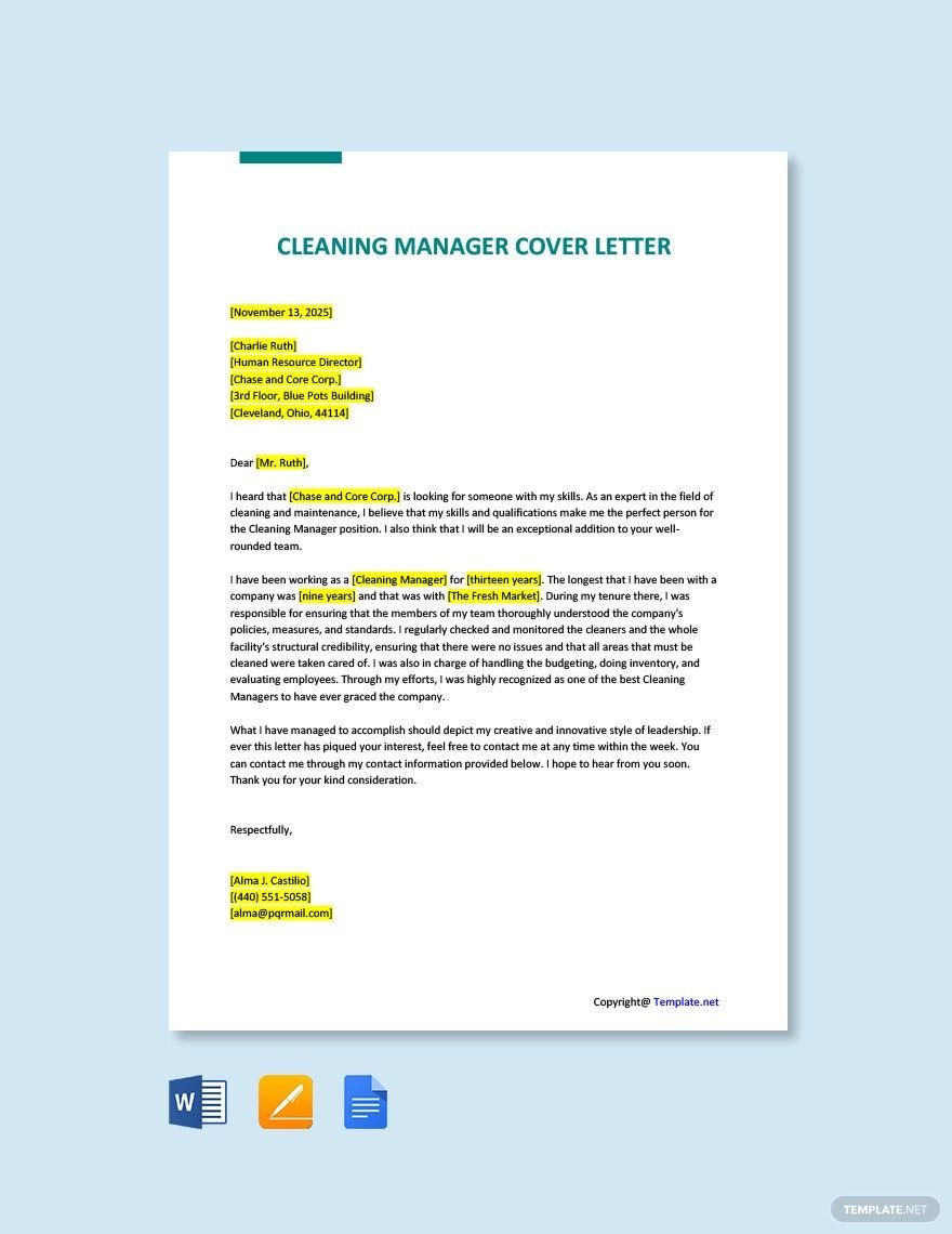 Free Cleaning Manager Cover Letter Template