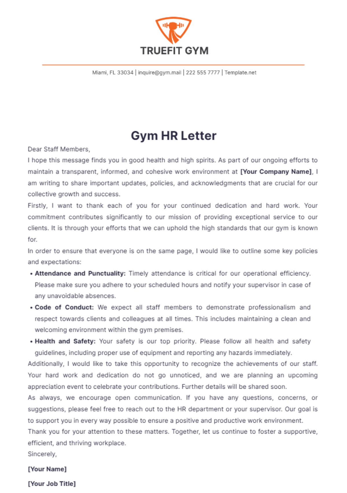 Gym HR Letter Template - Edit Online & Download