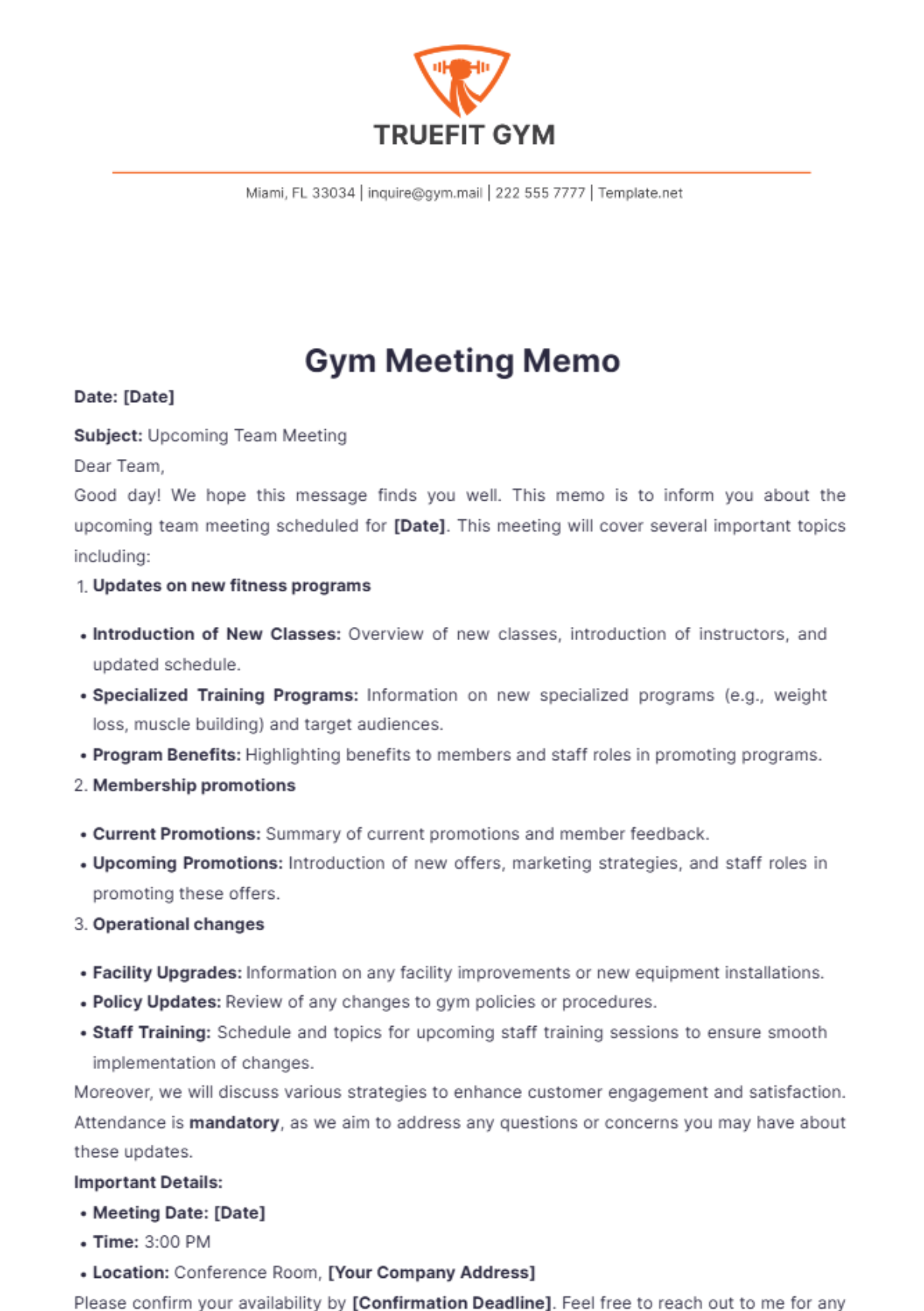 Gym Meeting Memo Template - Edit Online & Download