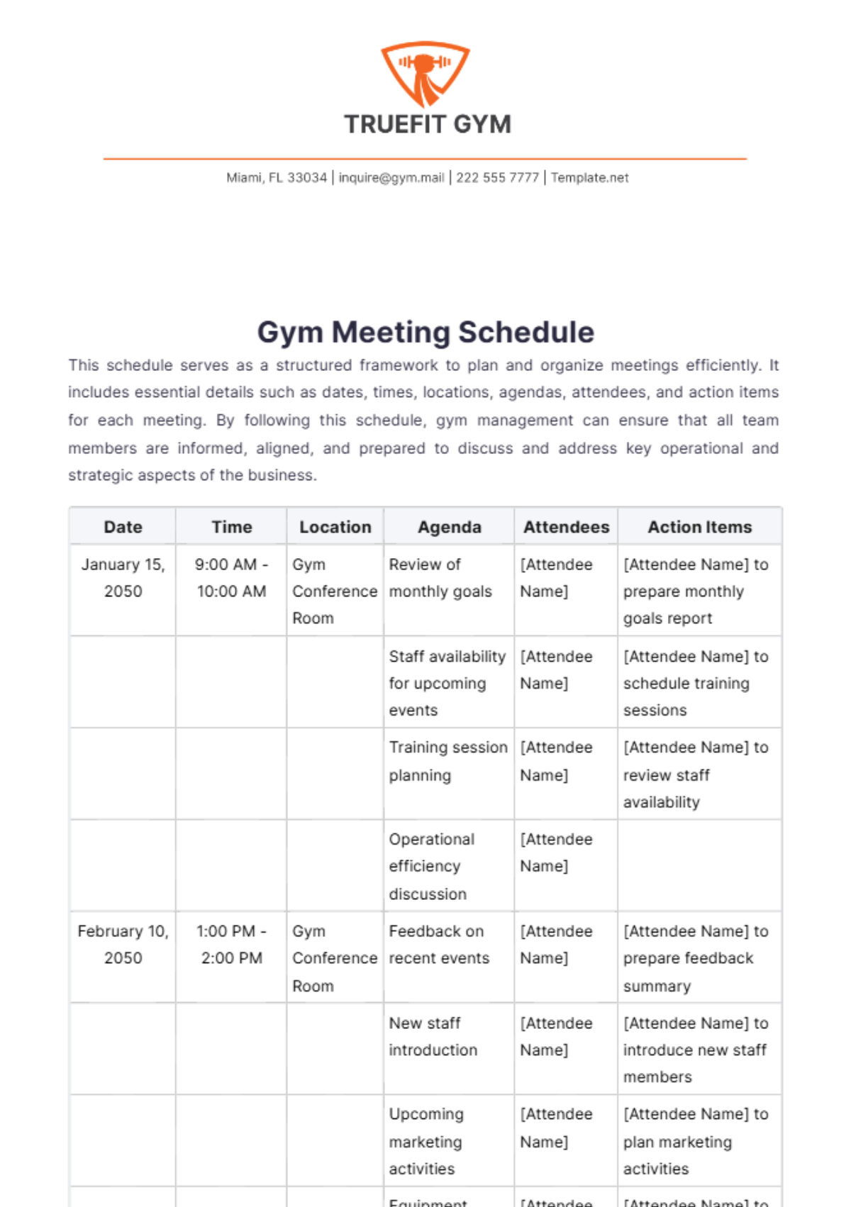 Gym Meeting Schedule Template - Edit Online & Download