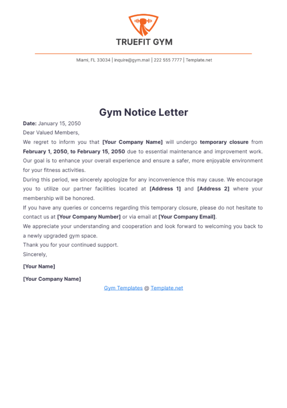 Gym Notice Letter Template - Edit Online & Download