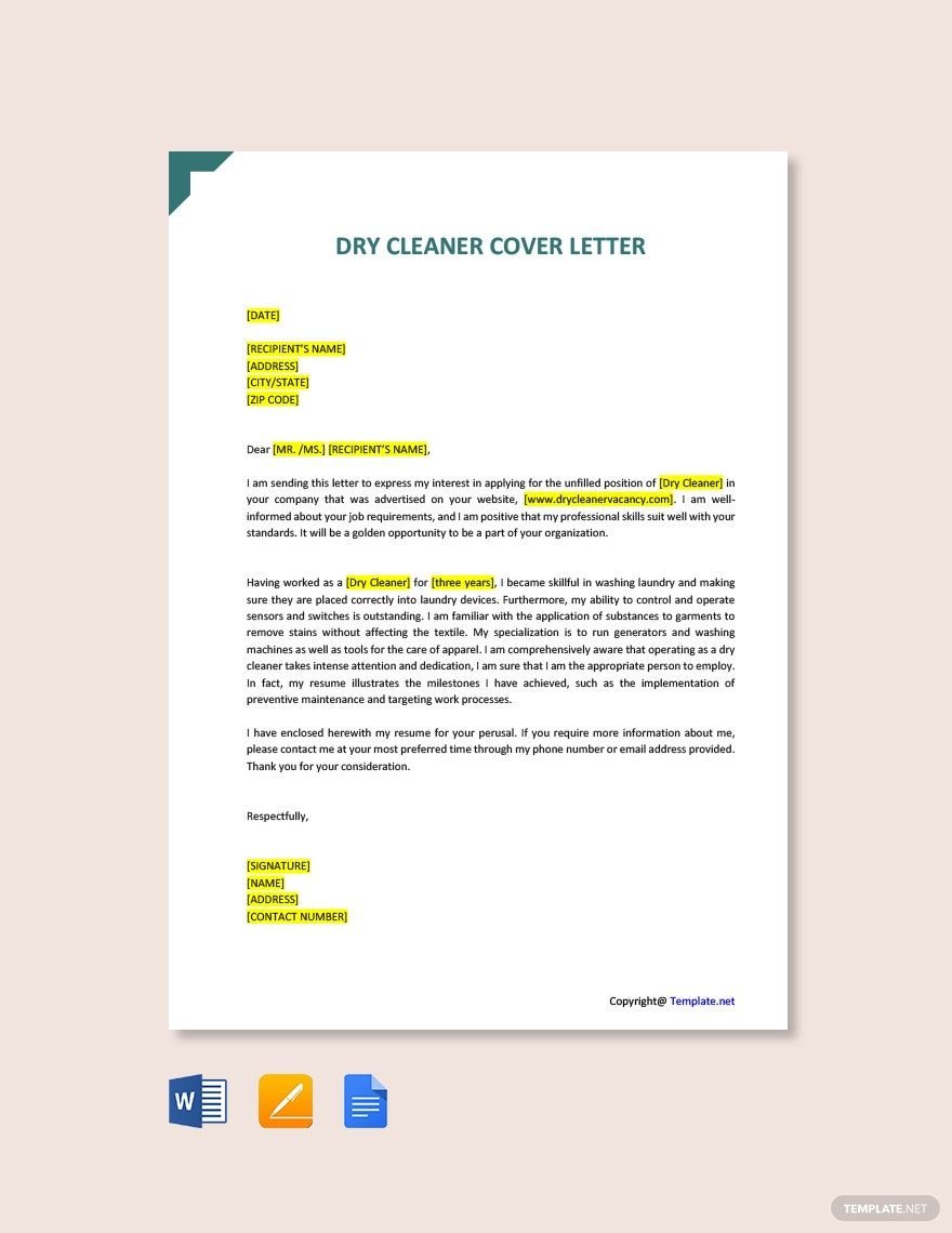 Dry Cleaner Cover Letter in Word, Google Docs, PDF, Apple Pages