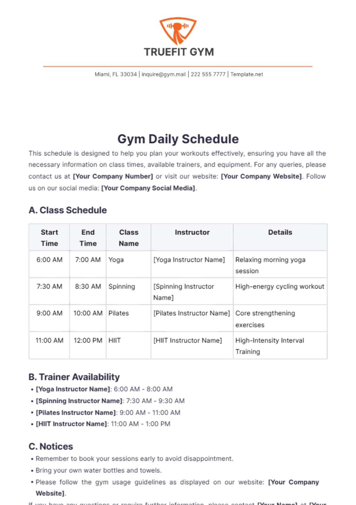 Gym Daily Schedule Template - Edit Online & Download