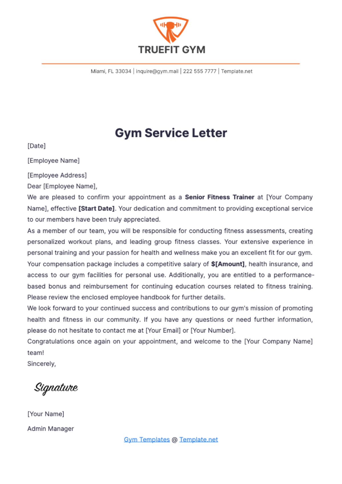 Gym Service Letter Template