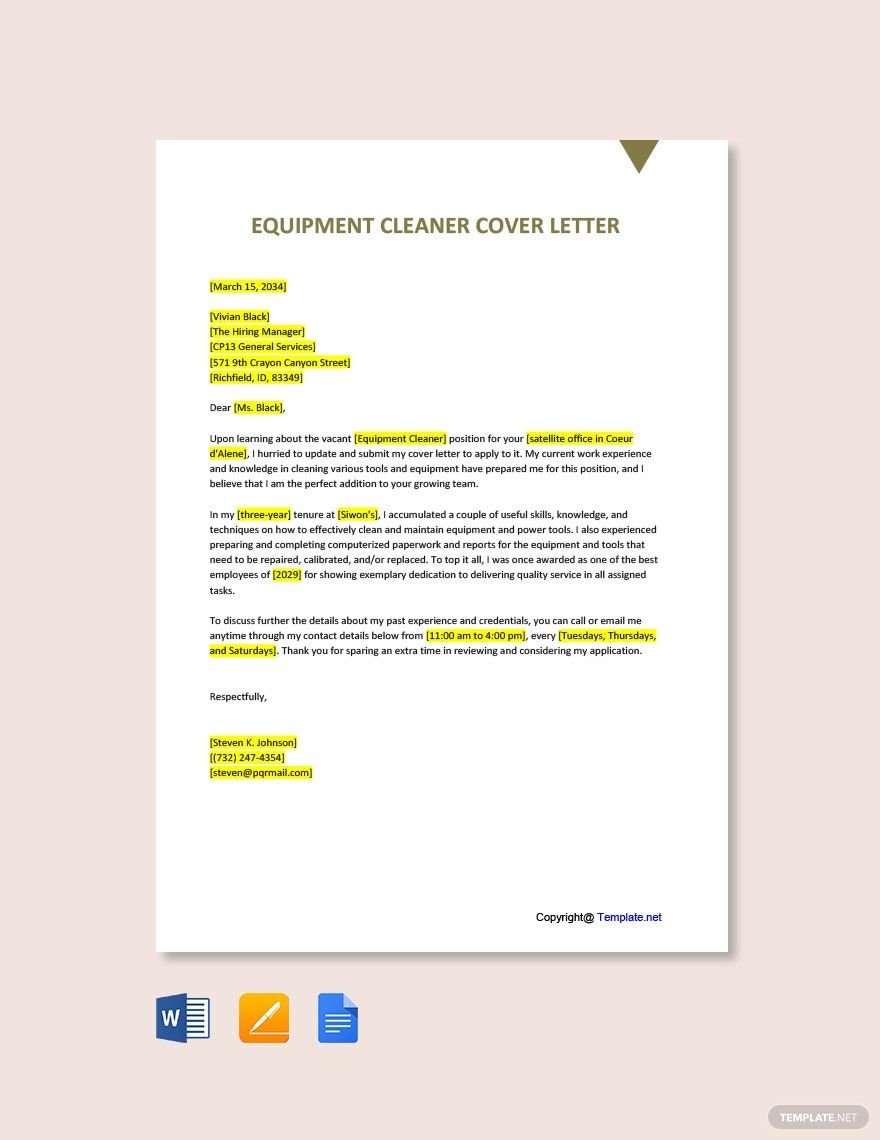 Free Equipment Cleaner Cover Letter Template