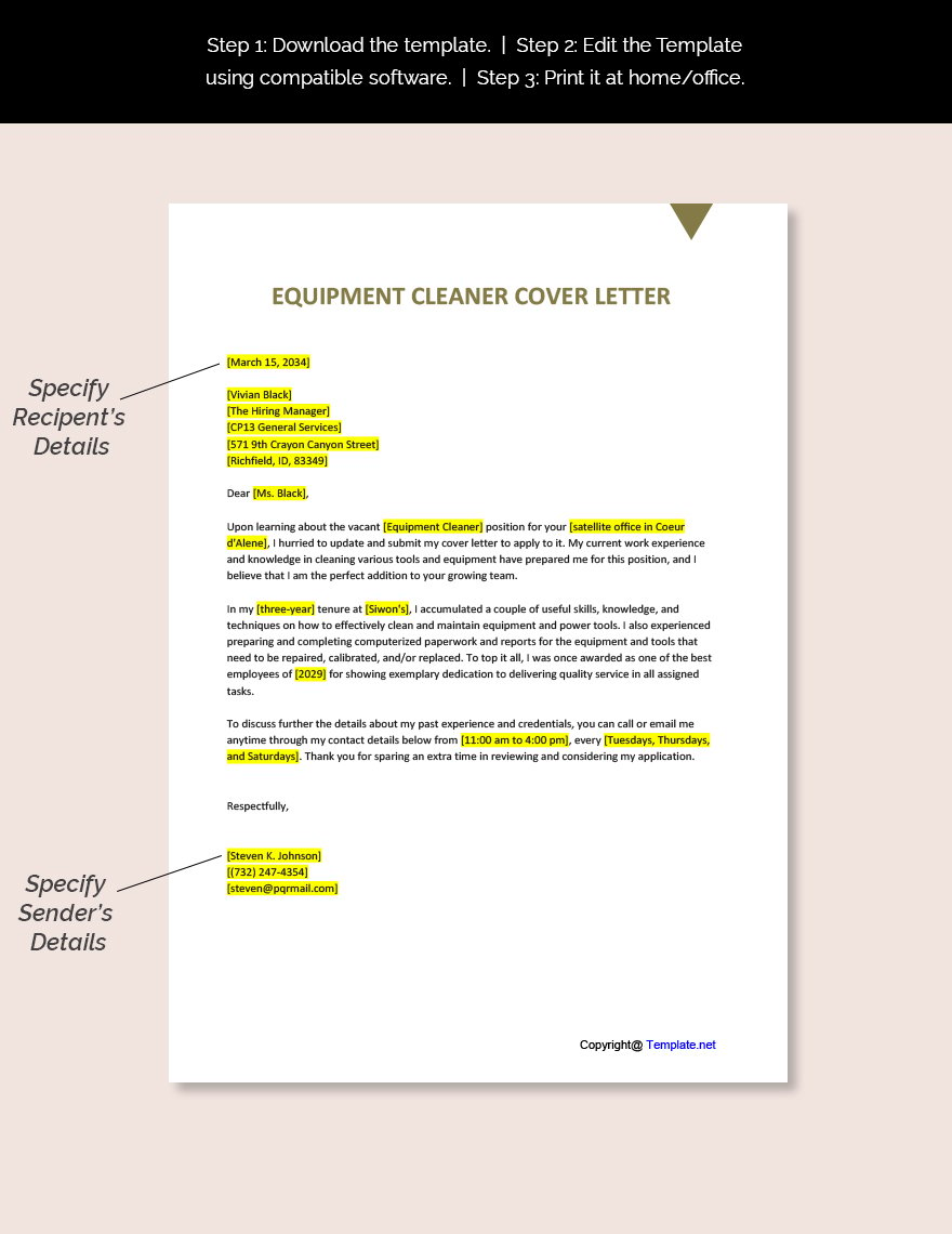 Equipment Cleaner Cover Letter