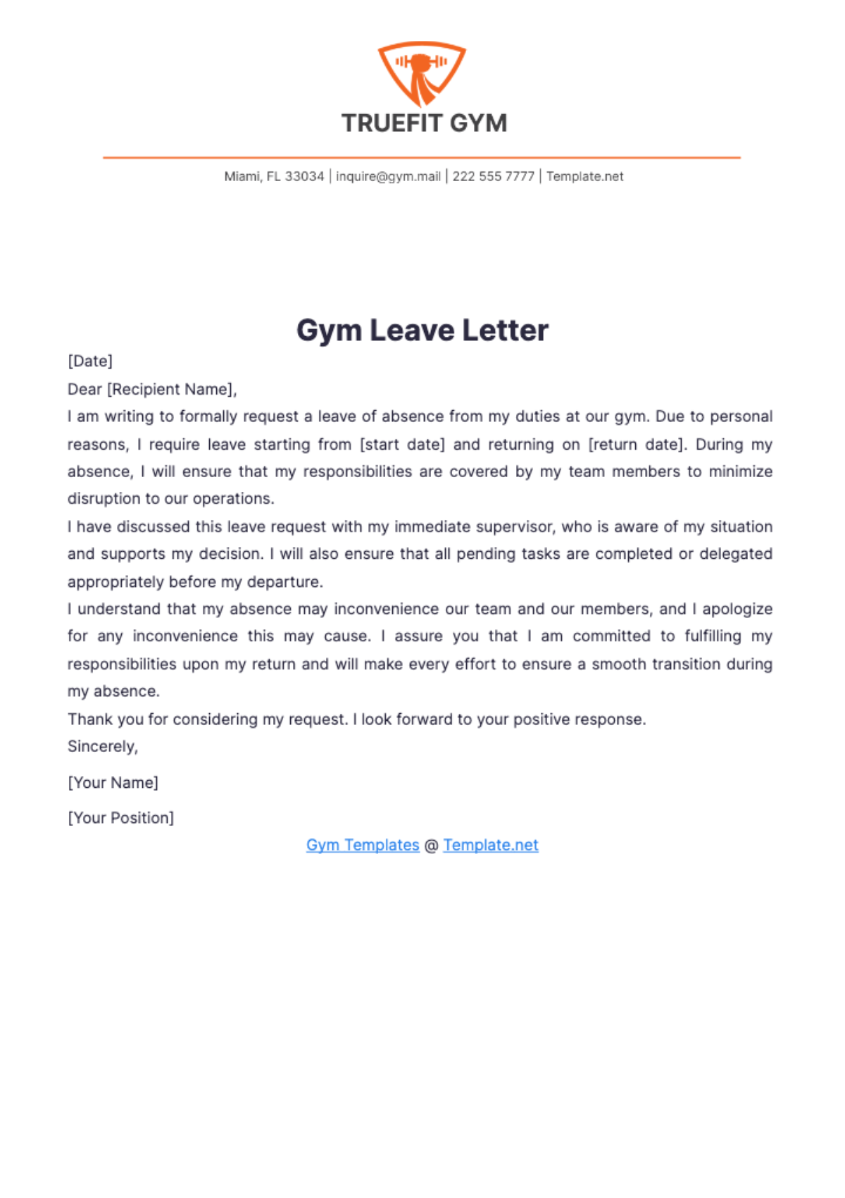 Gym Leave Letter Template - Edit Online & Download