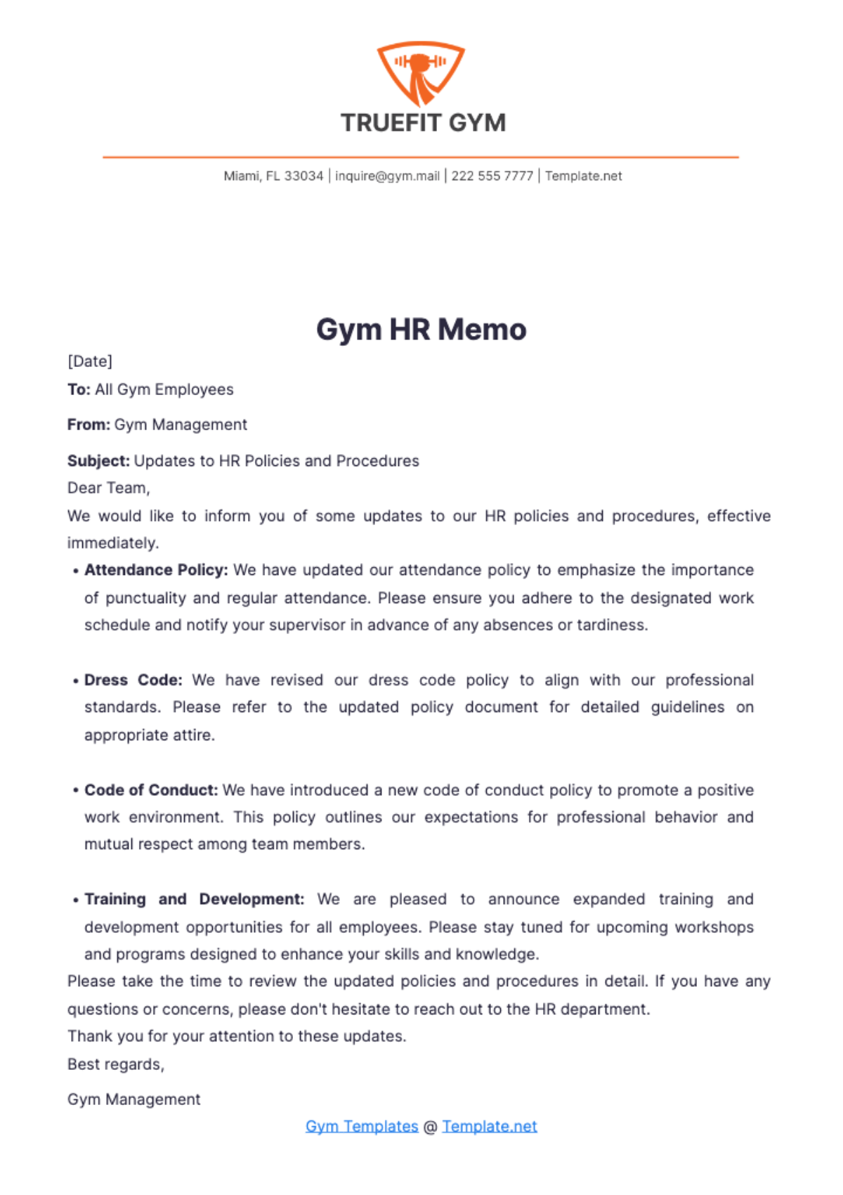 Gym HR Memo Template - Edit Online & Download