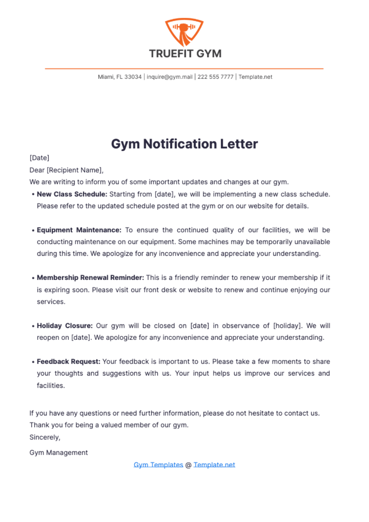 Gym Notification Letter Template