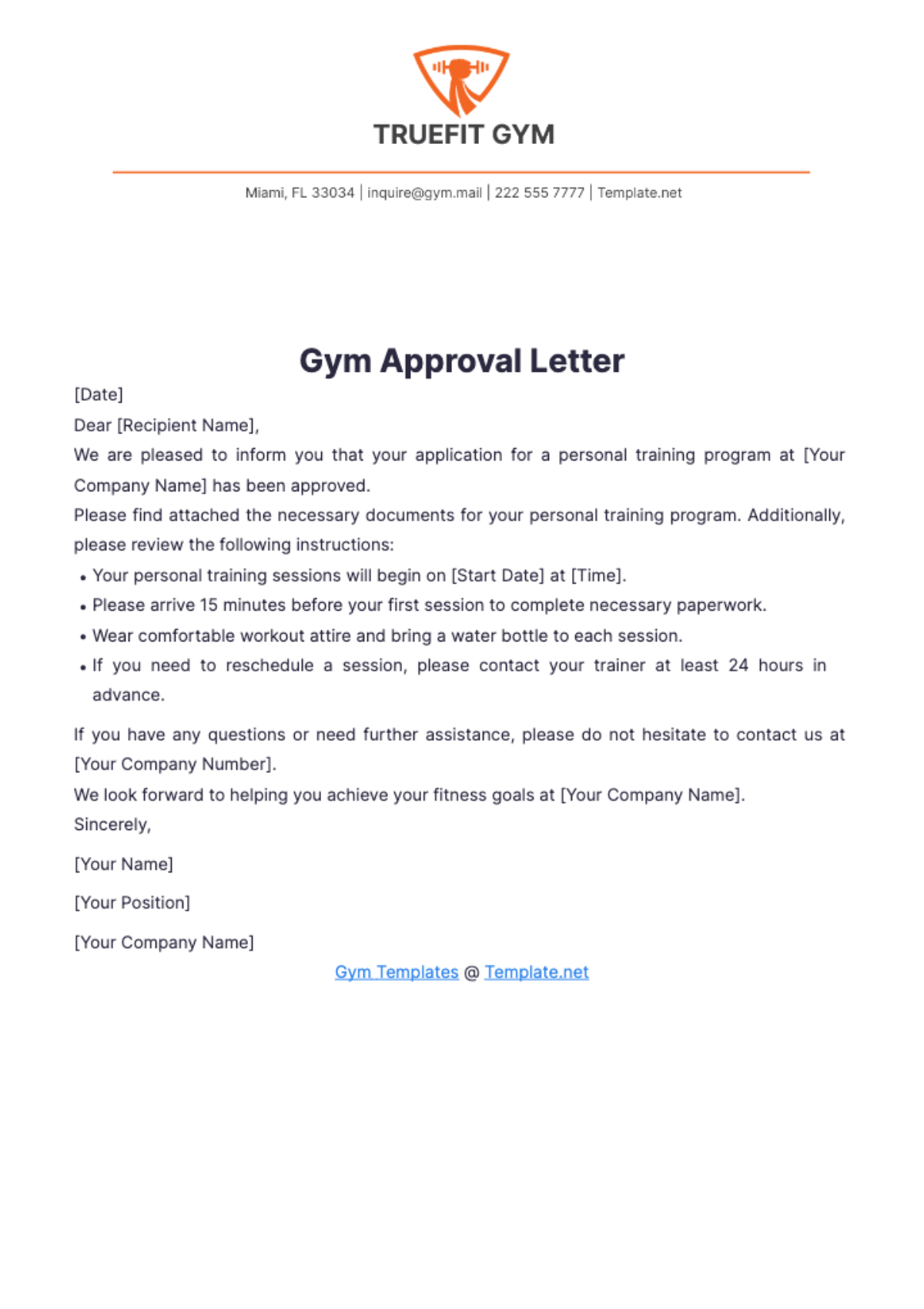 Gym Approval Letter Template - Edit Online & Download