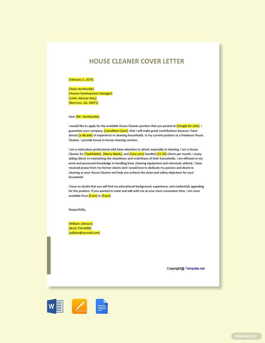 House Cleaner Cover Letter in Word, Google Docs, PDF, Apple Pages