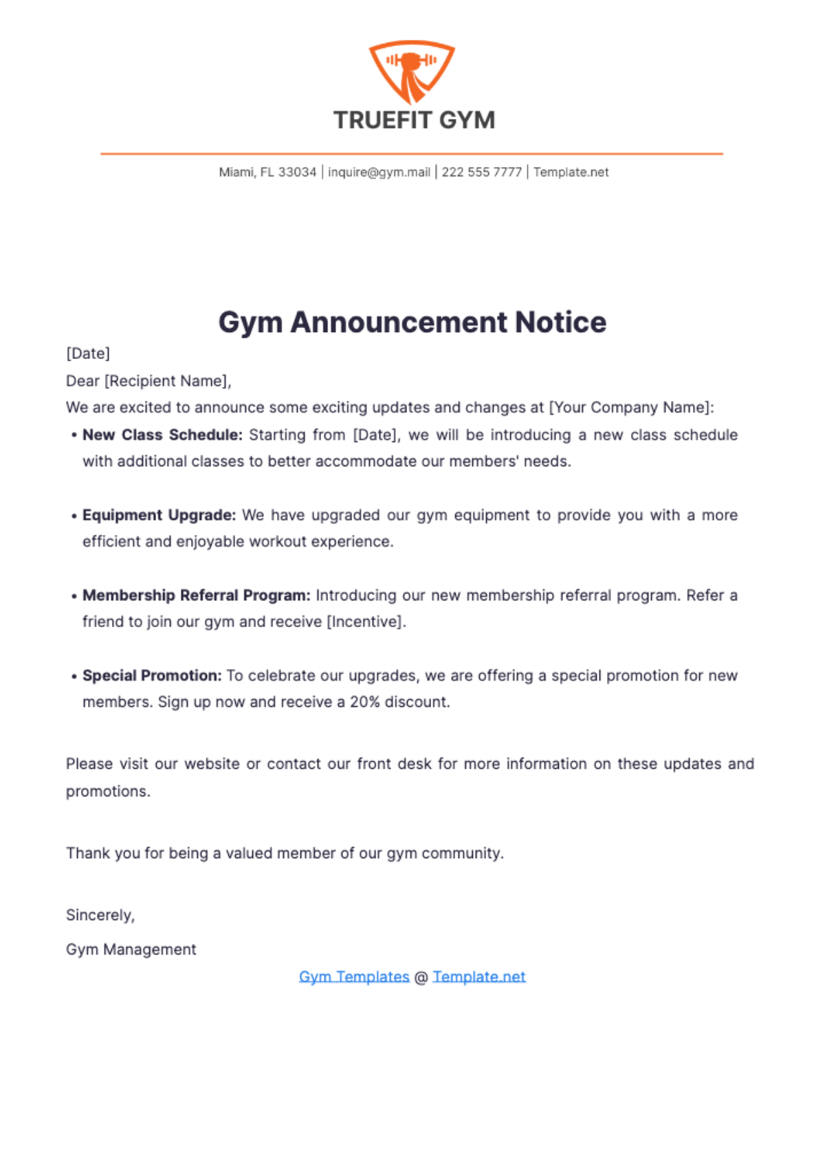 Gym Announcement Notice Template - Edit Online & Download