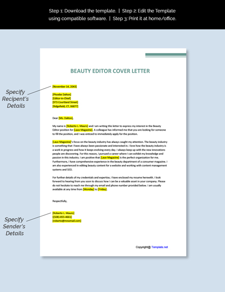 Free Beauty Editor Cover Letter Template - Google Docs, Word, Apple ...