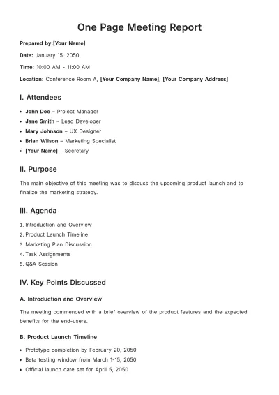Free One Page Meeting Report Template to Edit Online