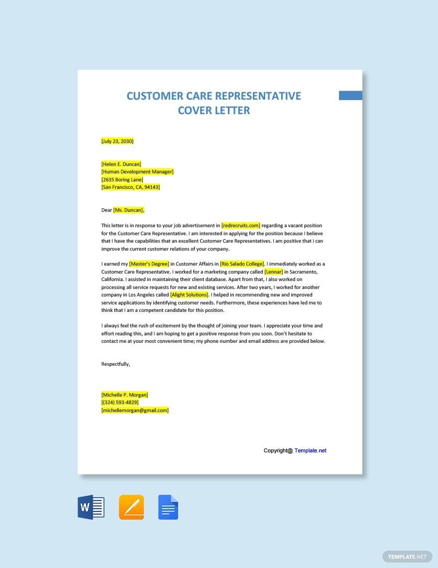 Customer Care Representative Cover Letter Template