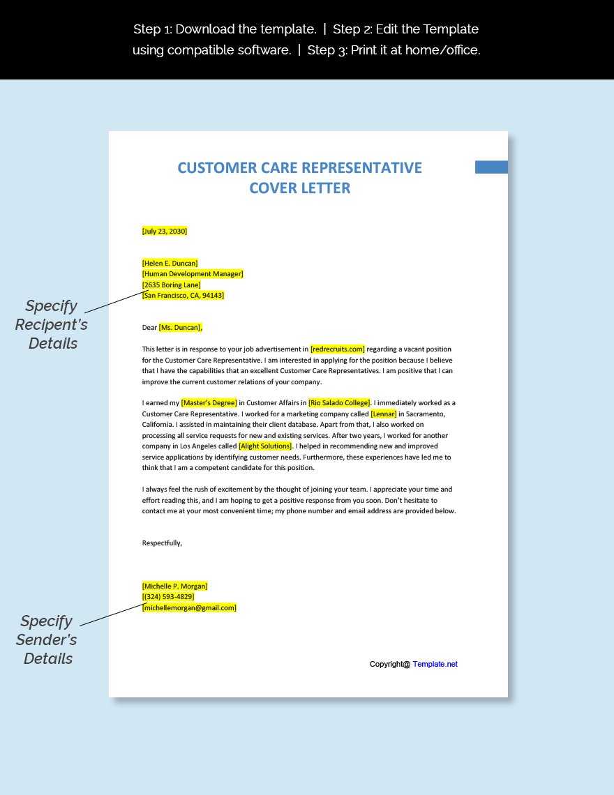 Customer Care Representative Cover Letter