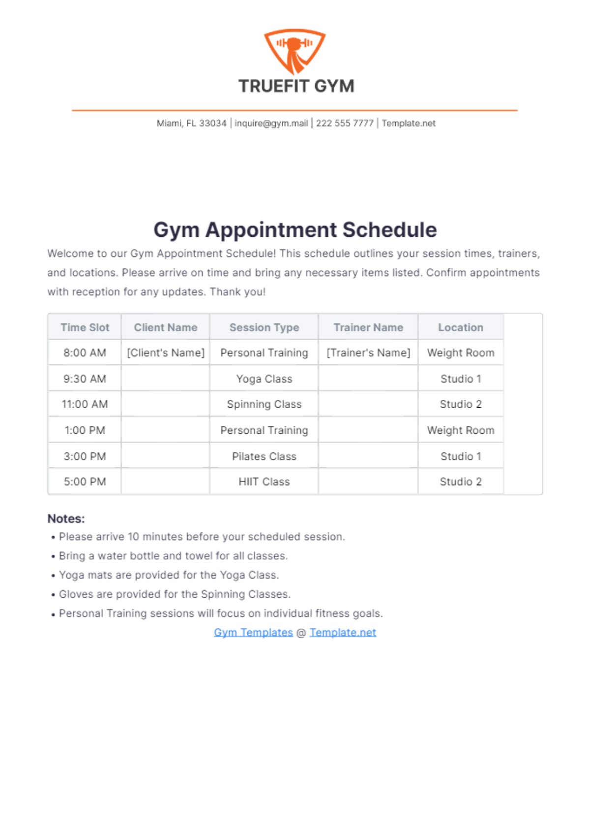 Gym Appointment Schedule Template - Edit Online & Download