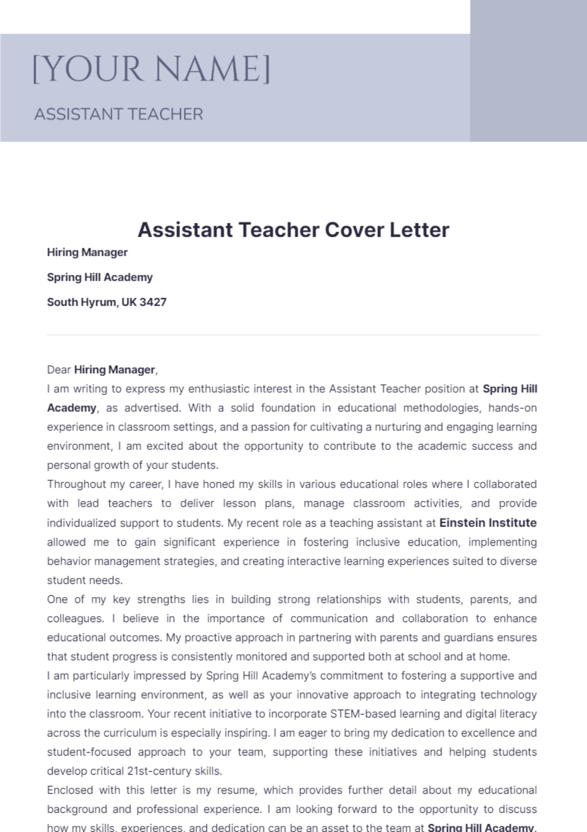 Assistant Teacher Cover Letter - Edit Online & Download