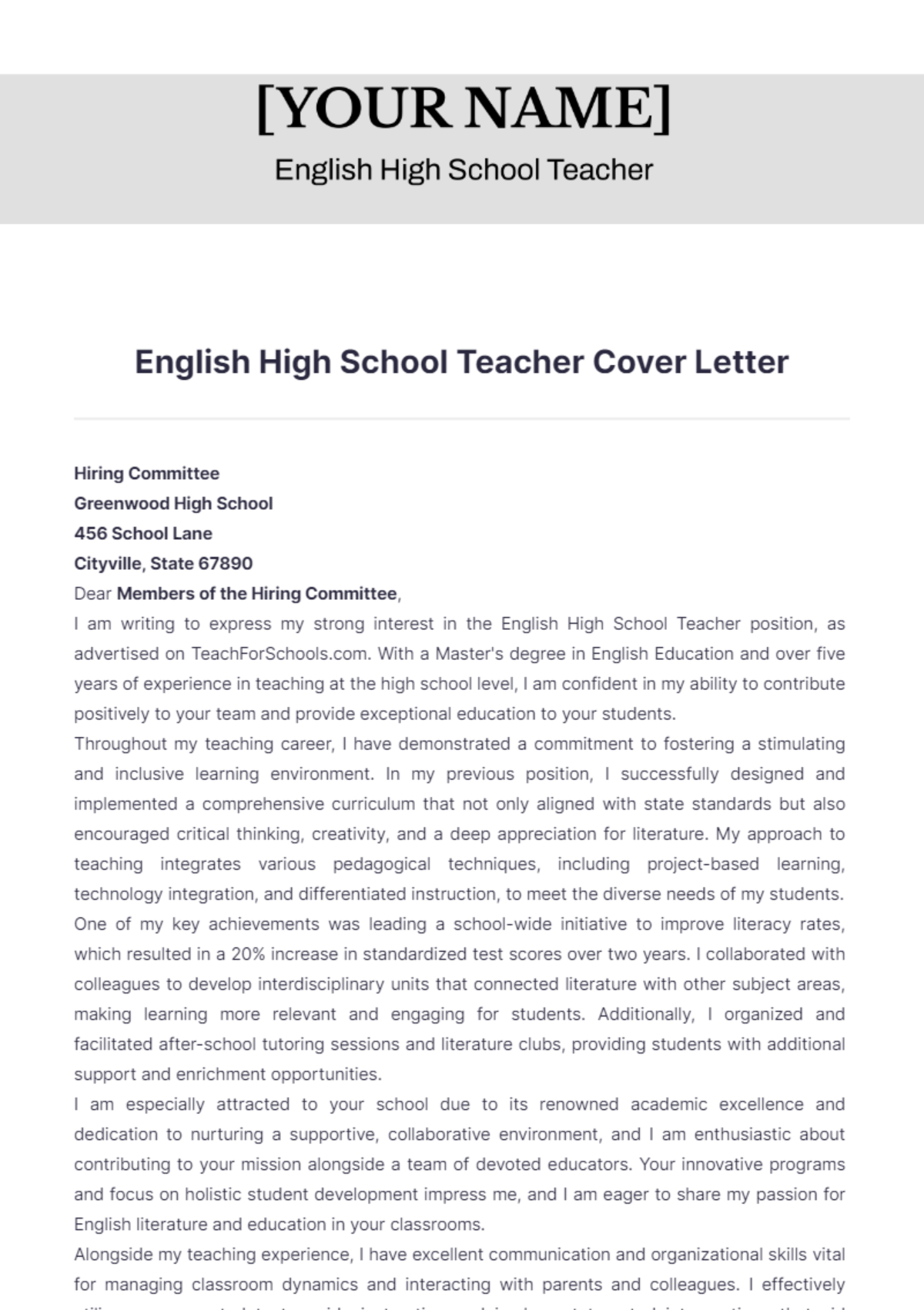 English High School Teacher Cover Letter - Edit Online & Download