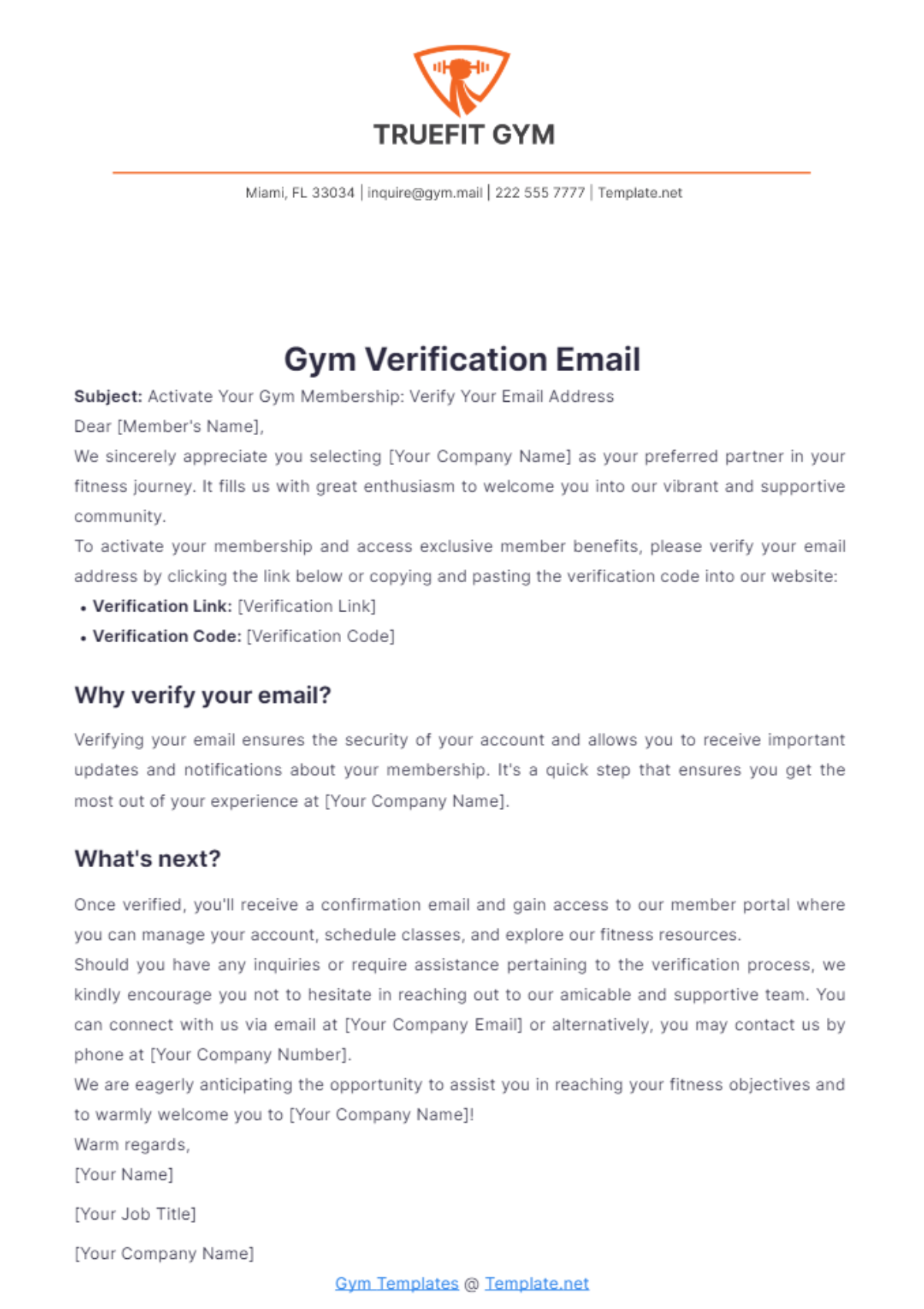 Gym Verification Email Template