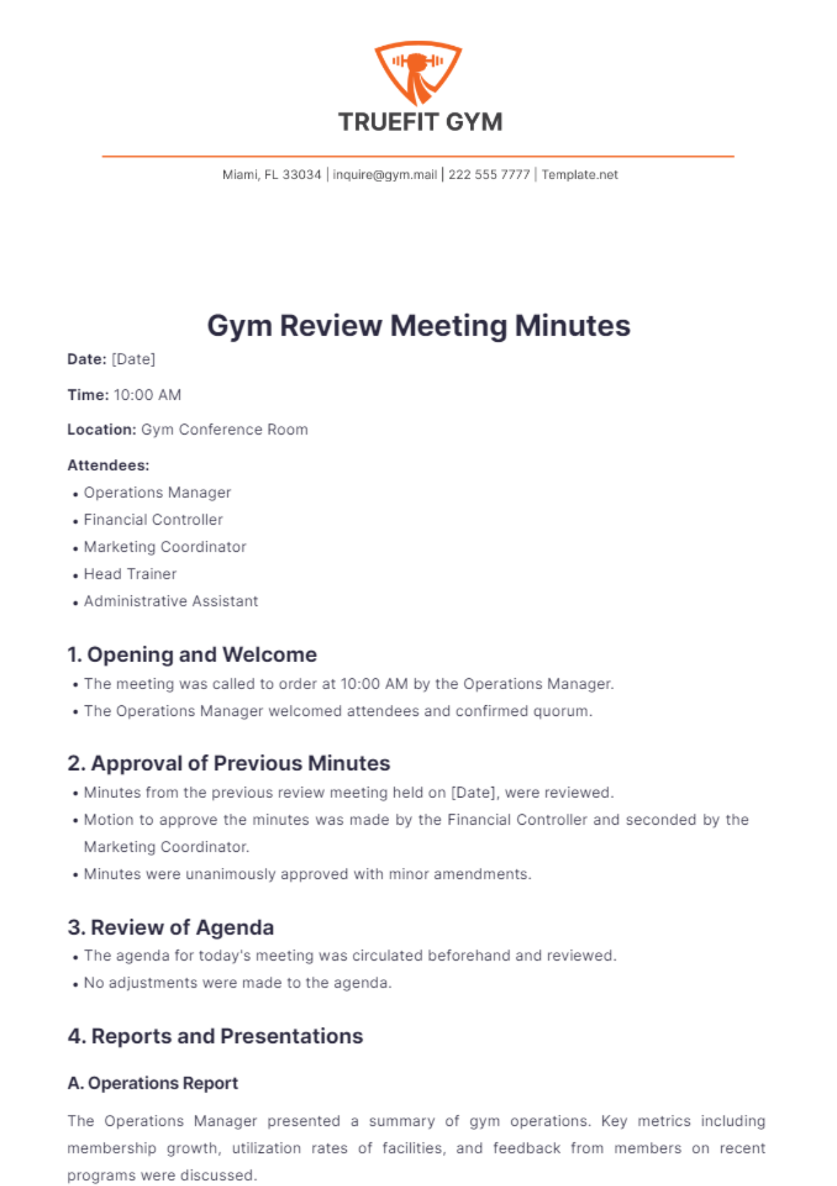 Gym Review Meeting Minutes Template - Edit Online & Download