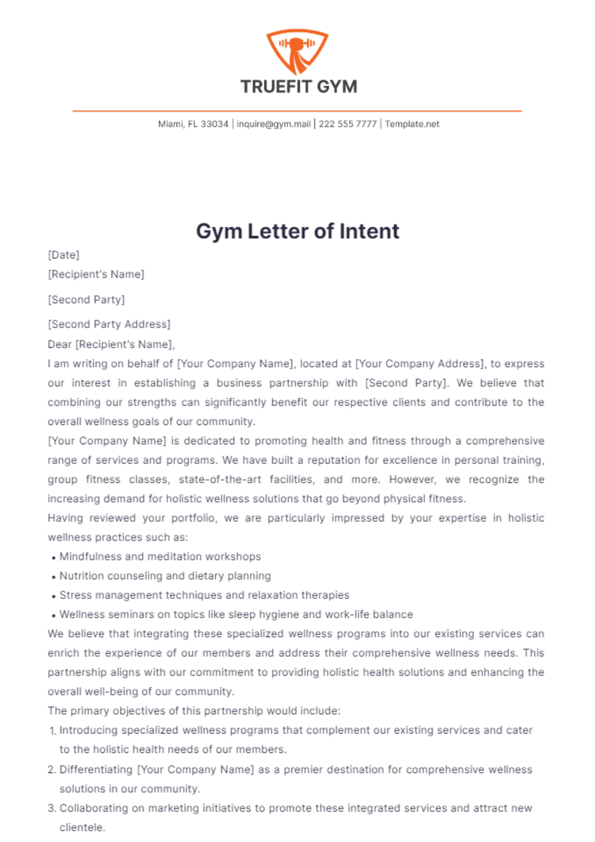 Gym Letter of Intent Template - Edit Online & Download