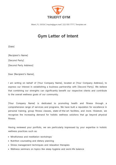 Free Gym Letter of Intent Template to Edit Online