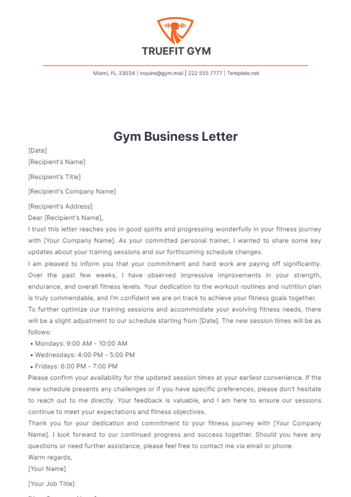 Gym Business Letter Template - Edit Online & Download