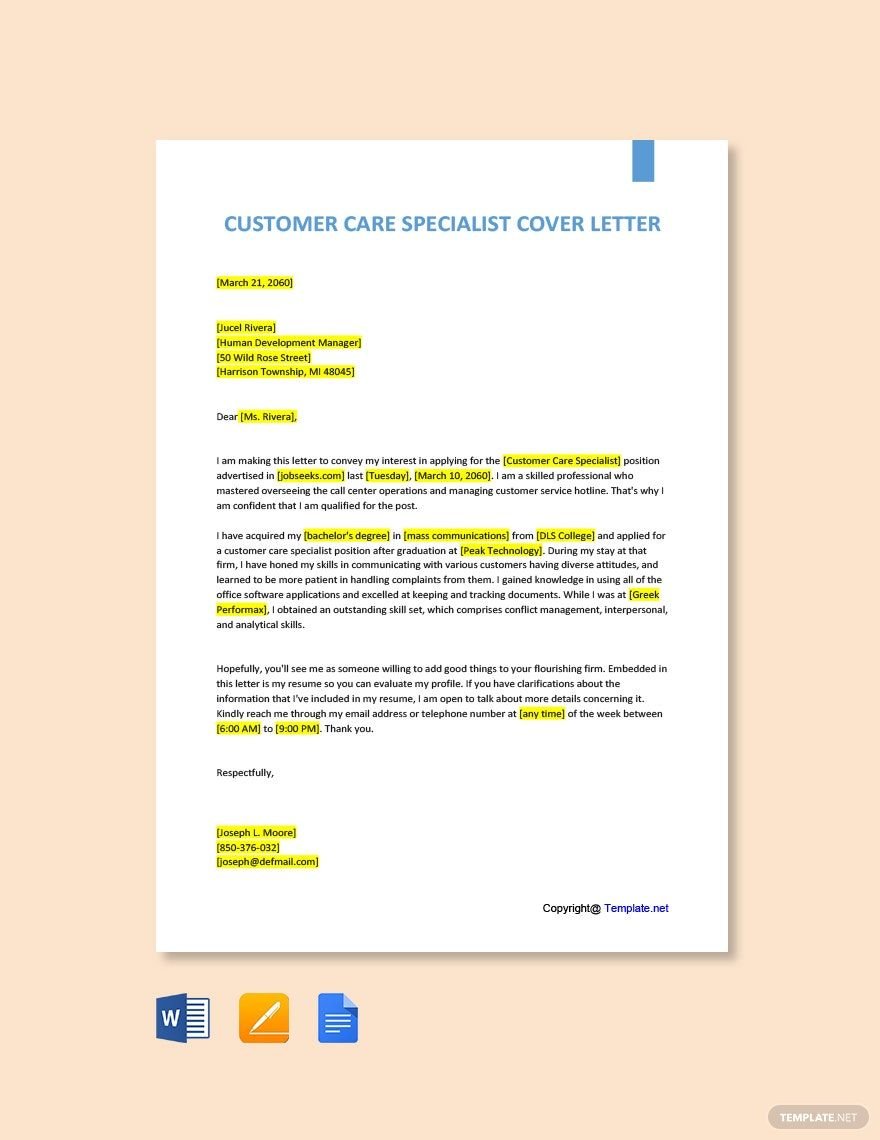 Customer Care Specialist Cover Letter