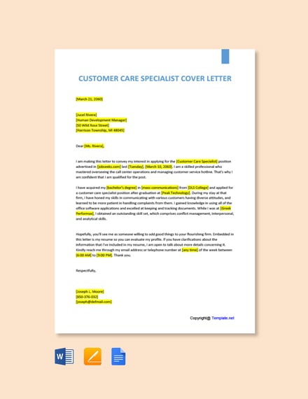 customer care job cover letter example