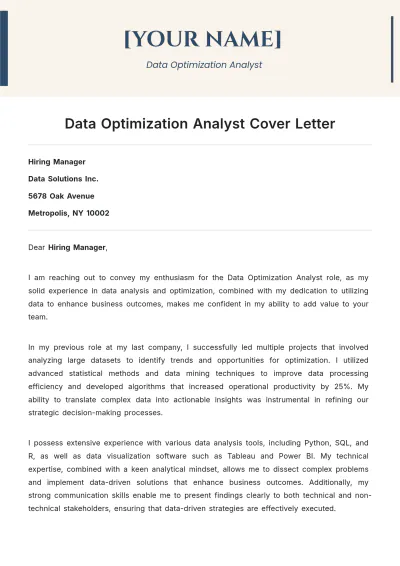 Free Data Optimization Analyst Cover Letter to Edit Online